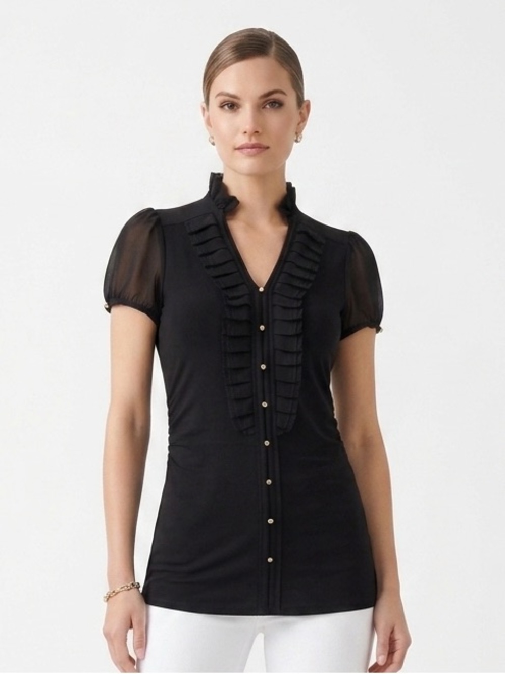 WHBM Pleated Ruffle V Neck Sheer Puff S/S Black Top XXS EUC $78